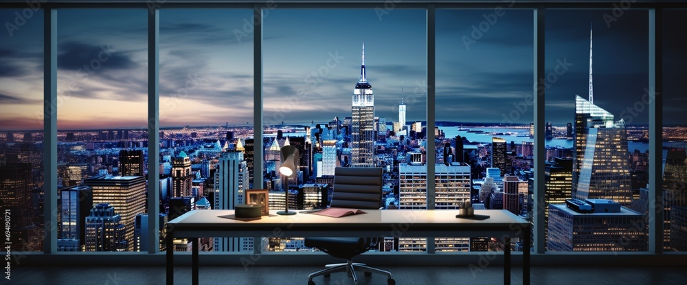 Create a panoramic view from an office window, gazing upon a cityscape that never sleeps.
