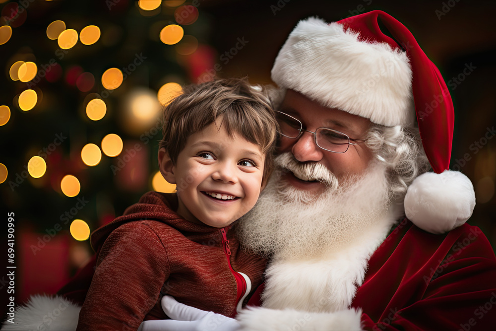 Adorable child with Santa Claus, Father Christmas, Saint Nicholas, Saint Nick, Kris Kringle, in red suit and hat. Cute, adorable, happy, laughing, joyous, love. Adorable child with Santa Claus, Father Christmas, Saint Nicholas, Saint Nick, Kris Kringle, in red suit and hat. Cute, adorable, happy, laughing, joyous, love.