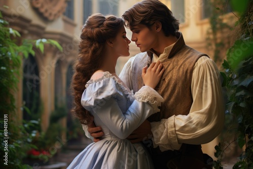 The prince in the fairy tale is kissing the princess, dreamy prince and princess, fairy tale illustration