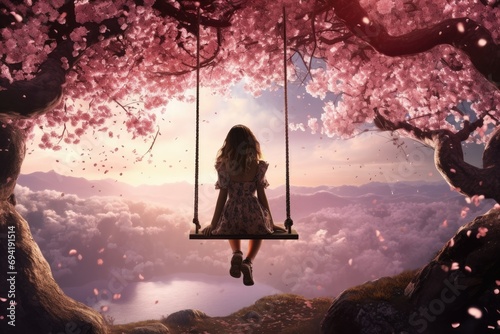 3D effect of dreamy rear view of girl sitting on swing, girl swinging on cherry blossom tree, girl in spring