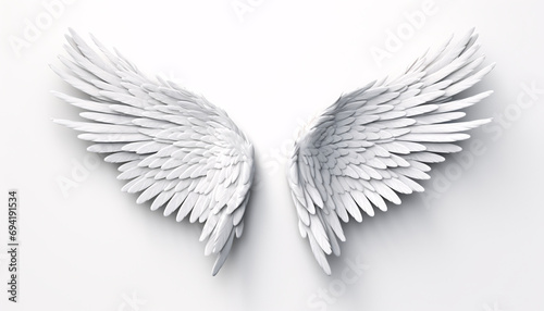 3D illustration of white angel wings on a minimalist background, symbolizing purity, peace, or memorial concepts.