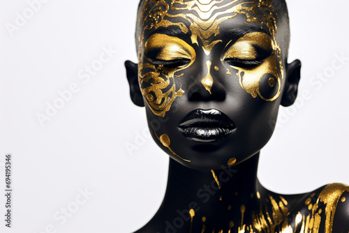 Portrait of beautiful african woman with gold art on face