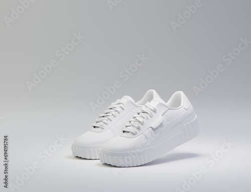 Creative minimal design idea. Concept of white a pair of sneakers Sports shoes mock-up design with a black background. 3d render, 3d illustration.