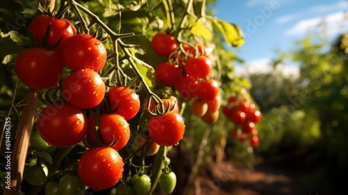 Fresh tomatoes hanging in the bush, tomatoes garden