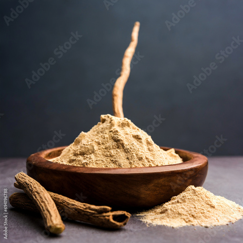 ashwagandha aswaganda OR indian ginseng is an ayurveda medicine in stem and powder photo