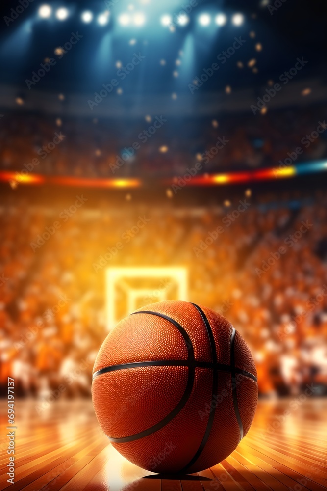 realistic photography of a basketball stadium, ball, basket, supporter, first person perspective, design for poster social media template realistic photography of a basketball stadium, ball, basket, supporter, first person perspective, design for poster social media template