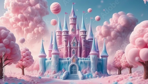3D rendering of a fairy tale castle with cotton candy clouds.