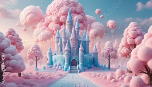 3D rendering of a fairy tale castle with cotton candy clouds. photo