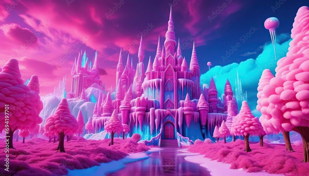 Obraz premium 3D rendering of a fairy tale castle with cotton candy clouds.