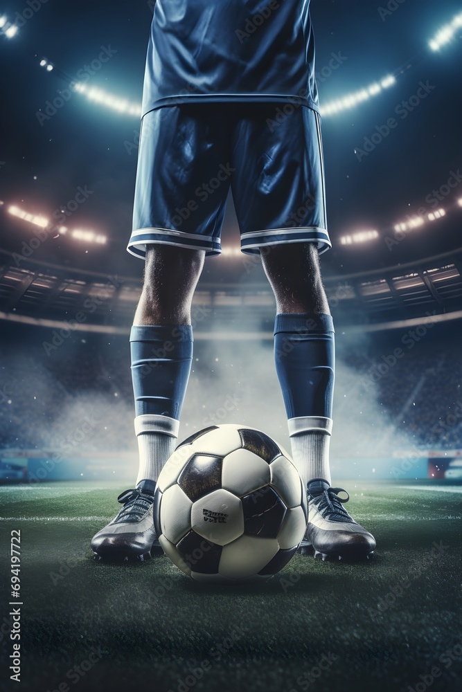 realistic photography of a football player holding ball at their foot, ball, supporter, first person perspective, design for social media template poster