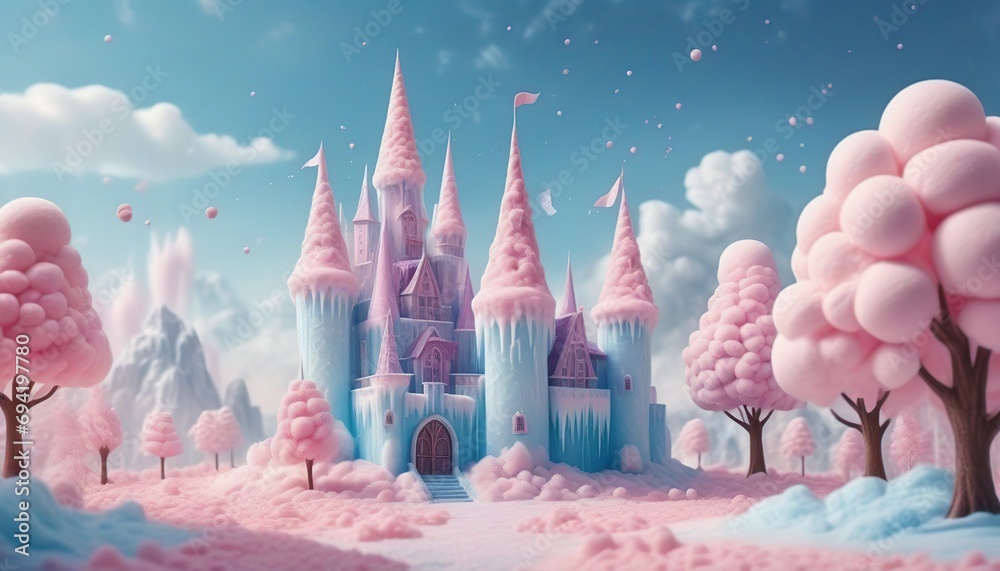3D rendering of a fairy tale castle with cotton candy clouds. - obrazy, fototapety, plakaty 