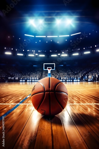 realistic photography of a basketball stadium, ball, basket, supporter, first person perspective, design for poster social media template