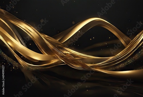 Abstract Gold Waves. Shiny golden moving lines design element with glitter effect on dark background for greeting card and disqount voucher. stock illustrationGold Colored photo