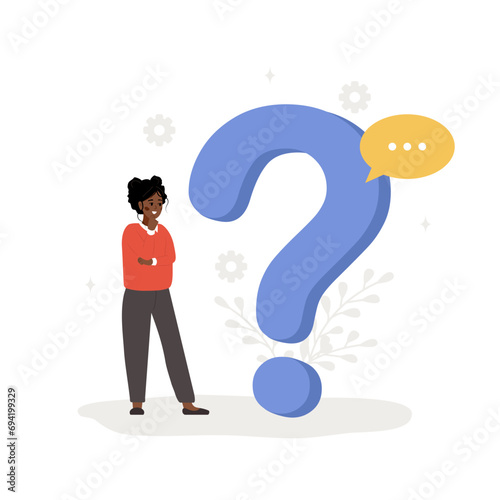 Frequently asked questions concept. African woman with large question mark search for answers. Customer support and online help service. FAQ and guides. Vector illustration in flat cartoon style.