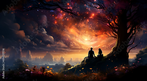 Fototapeta Naklejka Na Ścianę i Meble -  A couple sits in flower garden looking at the beautiful stars with the lights pointing up at the sky