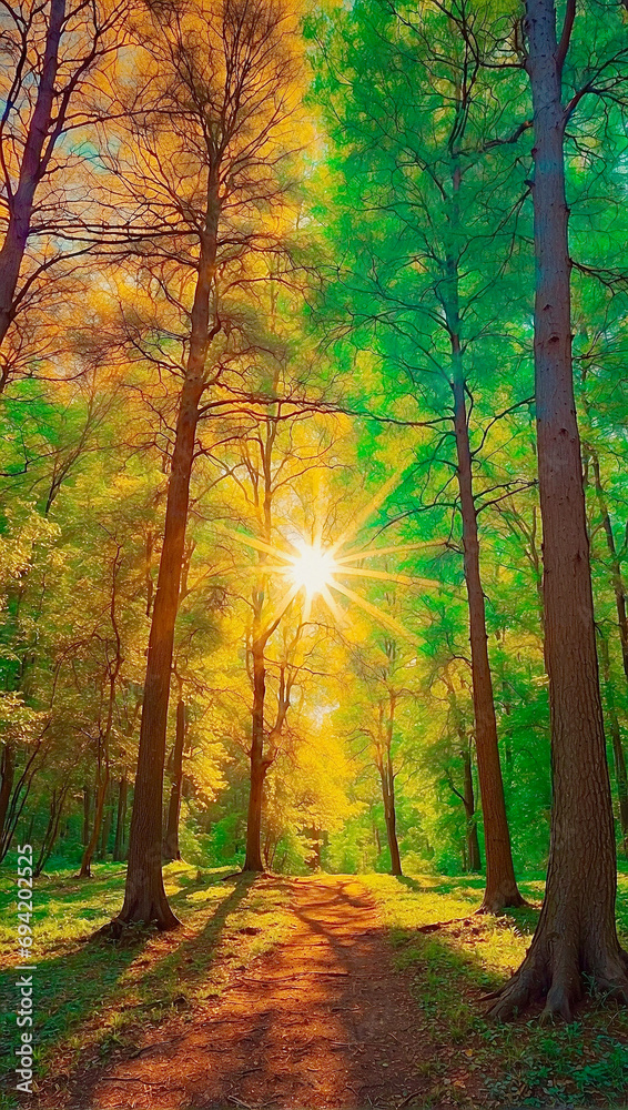 Psychedelic sunshine in the forest featuring the colors green and brown. AI generated.