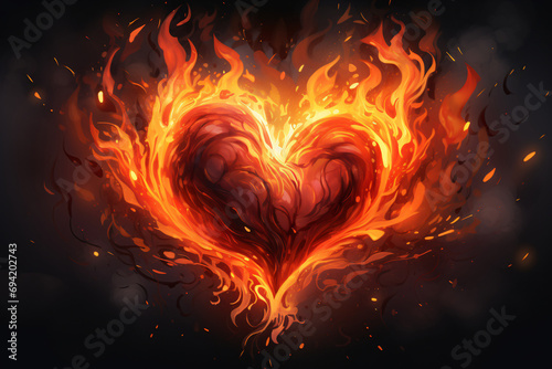 An abstract digital artwork of a heart engulfed in flames, symbolizing passion and love, could be used for Valentine's Day.