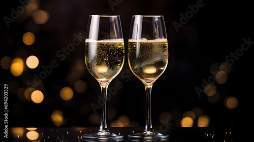 Two glasses of champagne on golden bokeh, celebration concept