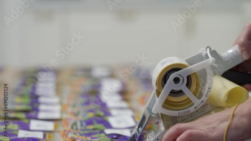 woman applying labels with handheld label applicator to packets of plant seeds photo
