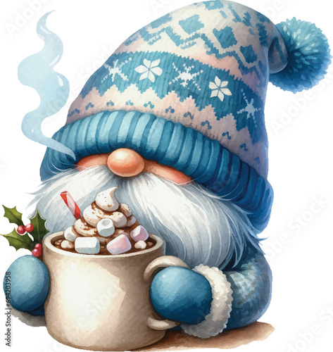 Blue Winter Gnome Wonderland Watercolor Illustration. Cute Whimsical gnome holding a steaming mug of hot cocoa, complete with marshmallows Clipart. Sublimation for t-shirt, stickers, Journal and more.