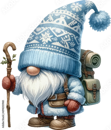 Blue Winter Gnome Wonderland Watercolor Illustration. Cute Whimsical gnome with a backpack and walking stick Clipart. Sublimation for t-shirt, stickers, Journal and more.