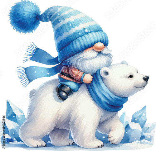 Blue Winter Gnome Wonderland Watercolor Illustration. Cute Whimsical gnome riding a polar bear Clipart. Sublimation for t-shirt, stickers, Journal and more.