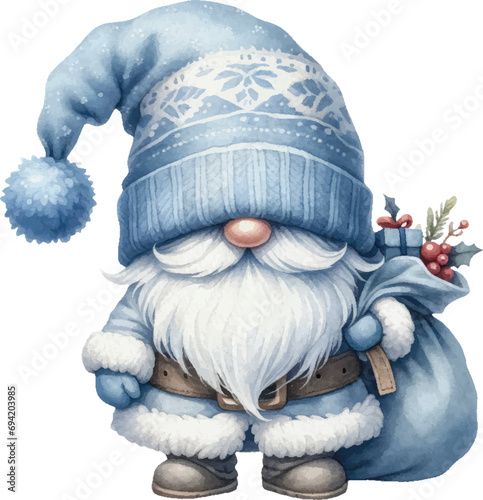 Blue Winter Gnome Wonderland Watercolor Illustration. Cute Whimsical Santa gnome with gifts sack Clipart. Sublimation for t-shirt, stickers, Journal and more.