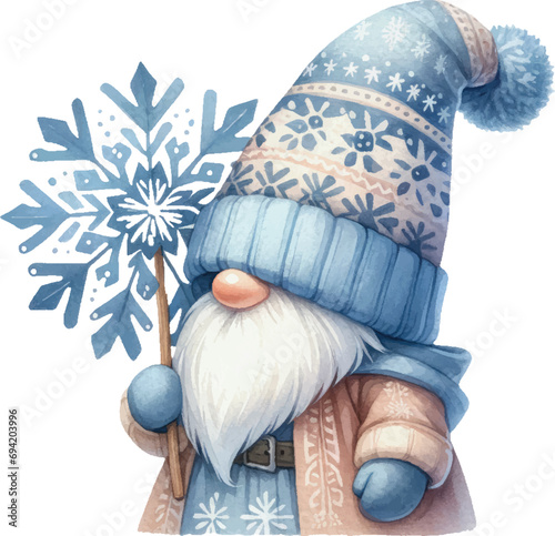 Blue Winter Gnome Wonderland Watercolor Illustration. Cute Whimsical gnome with snowflake Clipart. Sublimation for t-shirt, stickers, Journal and more.