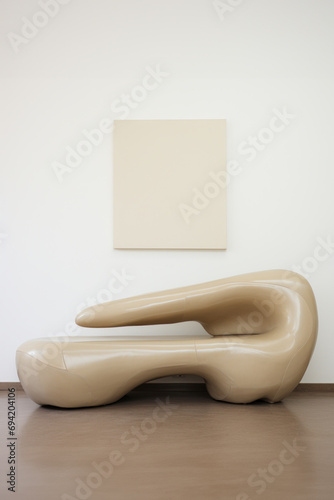 Contemporary designer interior vignette with a beige organic arte povera sofa sculpture, white wall and beige abstract painting on the wall photo
