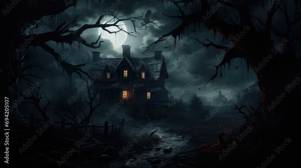 Haunted house in the dark forest with trees and moonlight. Generative AI. Haunted house in the dark forest with trees and moonlight. Generative AI.