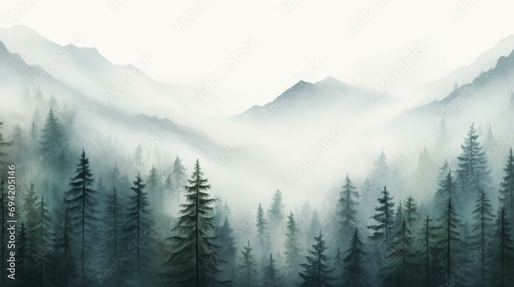 A painting of a mountain forest with trees. Generative AI.
