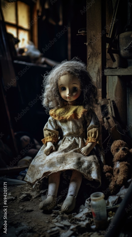 An old doll sits in a room with other items. Generative AI.