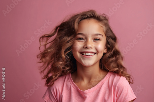 Happy young girl who is smiling over pink background