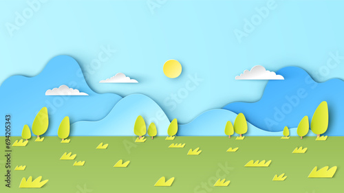 View of meadows and mountains on a beautiful clear sky. paper cut and craft style. vector, illustration.