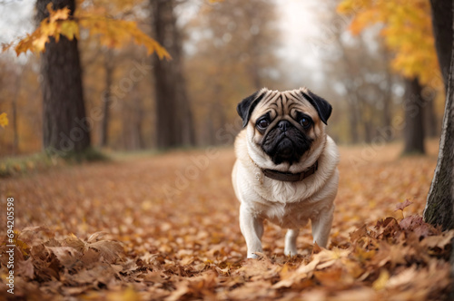 a pug dog in a park at sunset in autumn