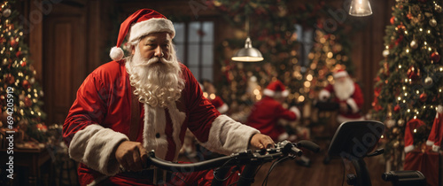 Santa Claus riding on exercise bike at christmas