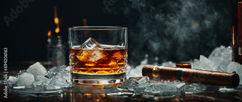 Whiskey on ice with bottle an cigar minimalist