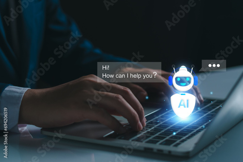 Chat robot ai assistant concept. Businessman show command prompt to smart ai chatbot. Modern technology ai or artificial intelligence service business analysis. Futuristic technology transformation. photo