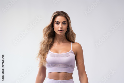 Attractive fit female model wearing sporty outfit on white background