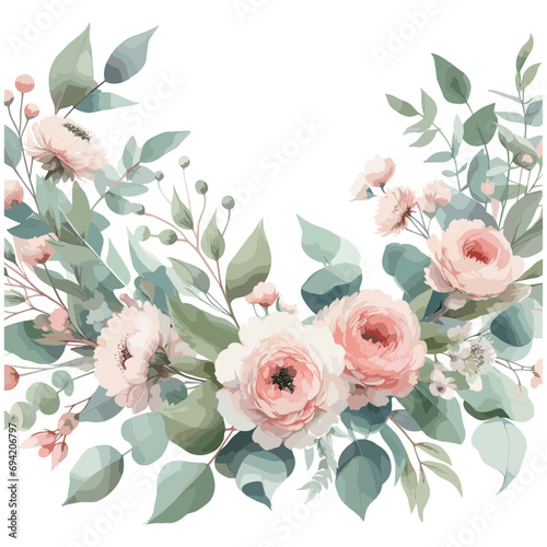 Watercolor floral border. Light pink flowers. Elegant Wedding invitation. Dusty roses, soft blush peony frame, bouquet. greeting card, fashion