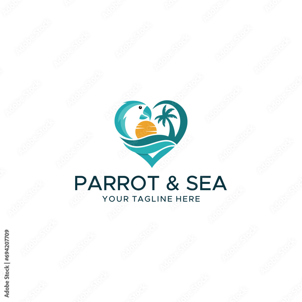 Parrot and Sea , palm, sun logo icon vector illustration design template	