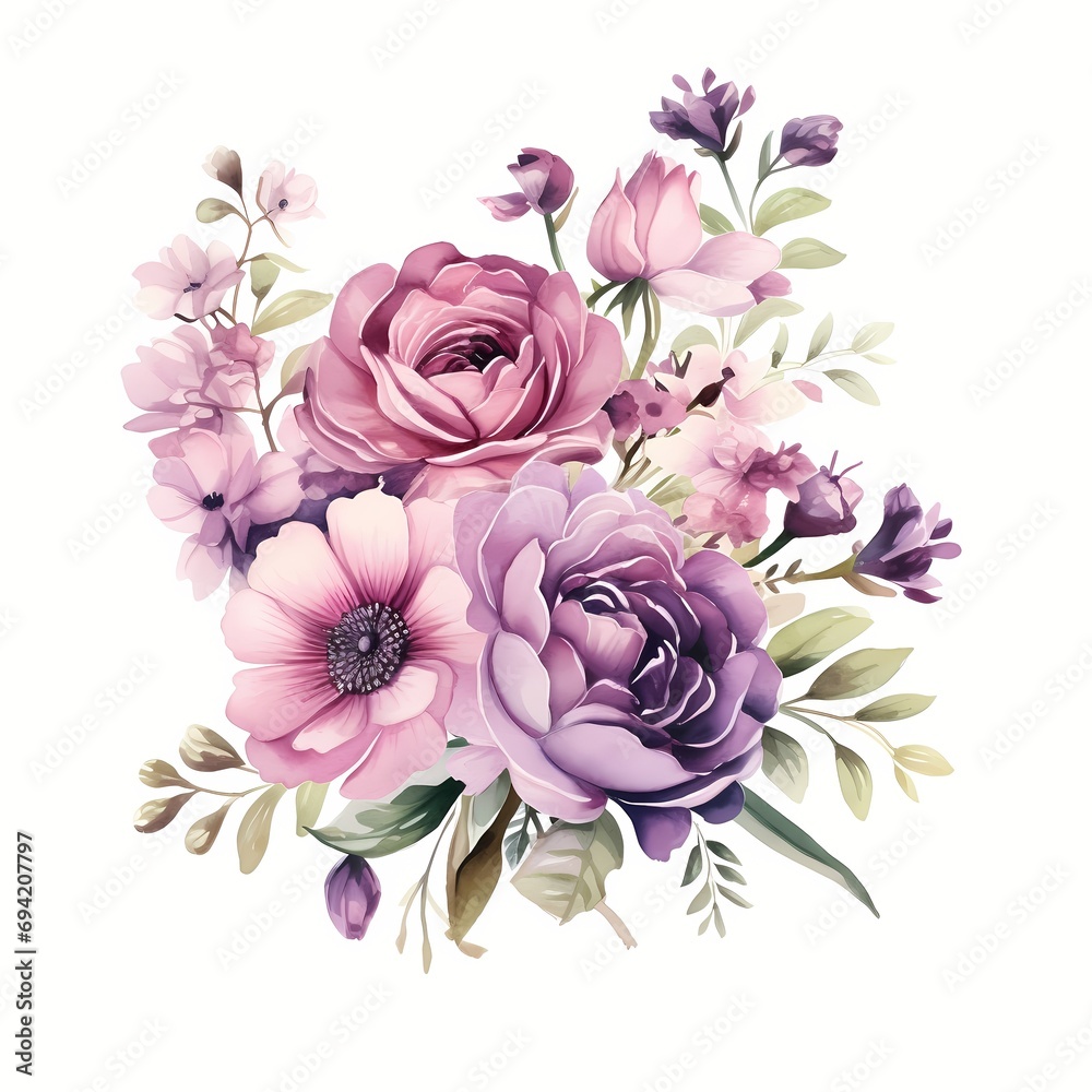 Set watercolor elements of roses, hydrangea.collection garden pink flowers, leaves, branches, Botanic illustration isolated on white background