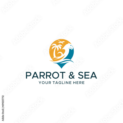 Parrot and Sea , palm, sun logo icon vector illustration design template	