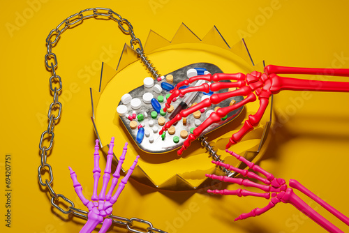 Drug addiction trap.  the bones of a person's hand approaching a drug trap. Anti drug awareness campaign illustration.