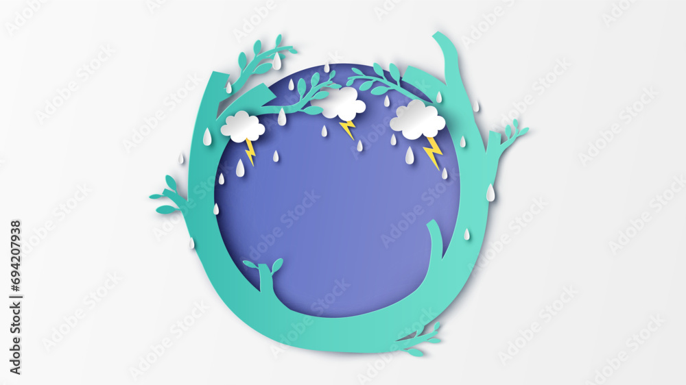 Circle tree frame with rainy season. Rainy in circle tree frame. Rainy frame. paper cut and craft style. vector, illustration.