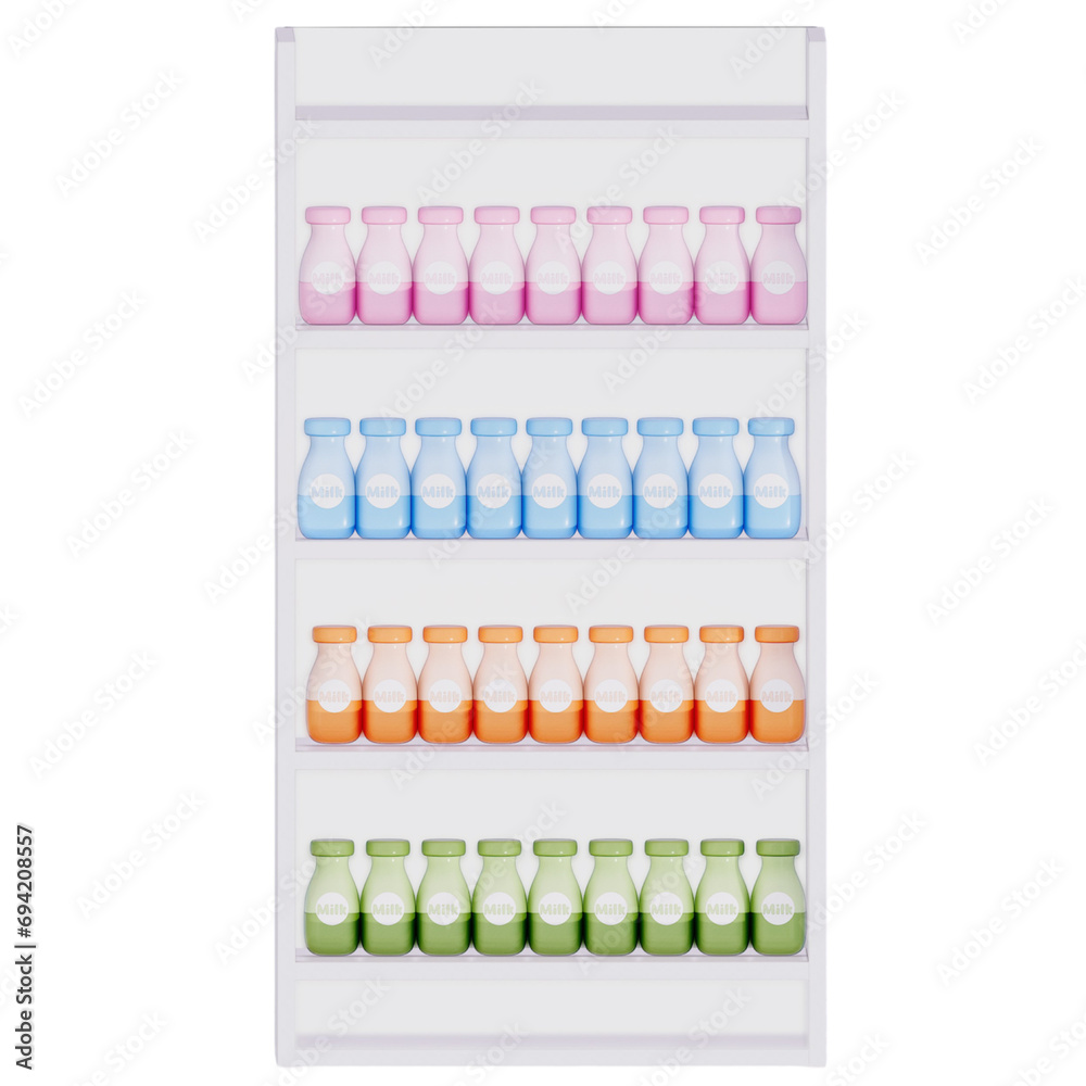 Groceries theme 3D milk product, Milk Shelves on a transparent background, 3D rendering Groceries theme 3D milk product, Milk Shelves on a transparent background, 3D rendering