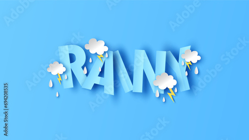 RAINY calligraphy with cloud, raindrop and thunderbolt. Rainy calligraphy. Rainy text background. Paper cut and craft style. vector, illustration.