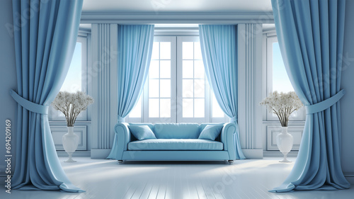 Empty room with blue curtains and big window, and object for home decorations, empty living room design, 