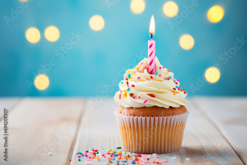 Close up photo of a birthday cupcake muffin with icing frosting isolated on white background