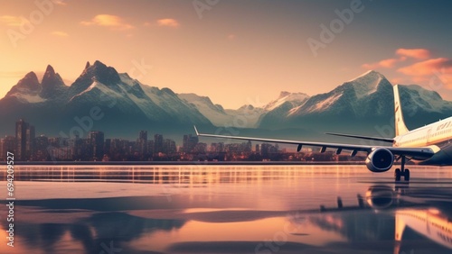 travel airplane landing in beautiful city cinematic wallpaper © Young